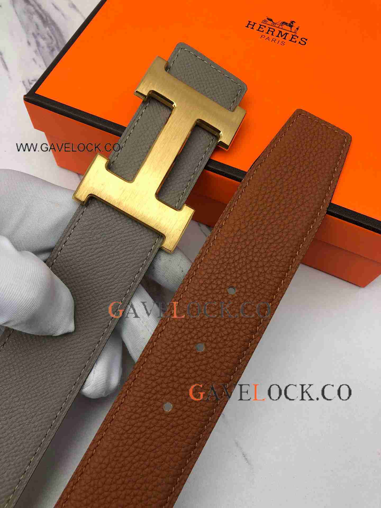 New Hermes Reversible Leather Belt + Gold H Brushed Belt Buckle